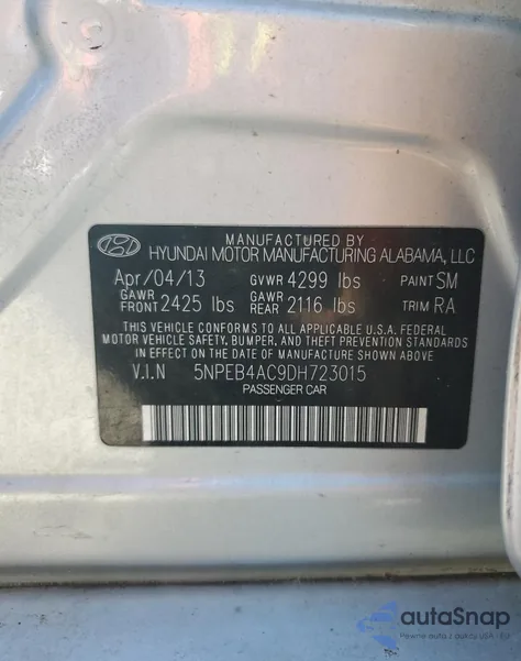 2013 Hyundai Sonata Gls z USA, uszkodzony, nr VIN 5NPEB4AC9DH723015